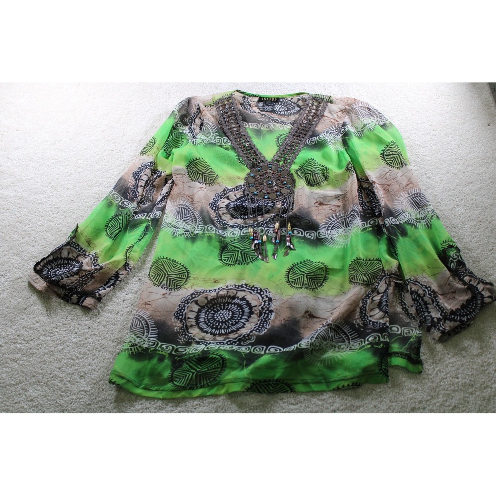 ISABEL Shirt Womens‎ Medium Green Sheer Boho Beaded V Neck Long Sleeve Tunic